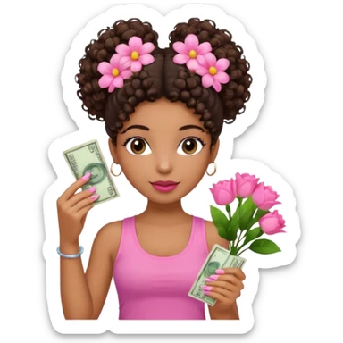 Uma menina com o cabelo cacheado com um Coque com baby hair, morena, e com uma regata rosa com um gloss na frente da regata ,com unha em gel,e com dinheiro na mão ,e com flores na outra mão,  sticker