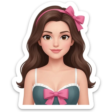 Long brunette hair tied with a bow, wearing a sexy dress with a bow on the chest, and very fair sticker