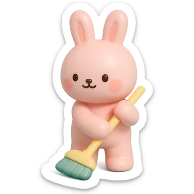 rosy bunny sweeping floor with broom, vinyl figure style sticker