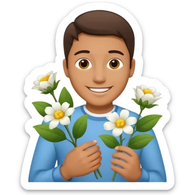man holding white flowers in their hands sticker