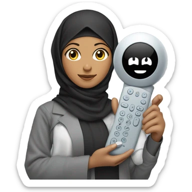 Hijabi girl holding  anki remote in one hand, computer  in the other hand  sticker