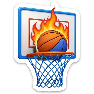 Blue basketball with flames effect passing through net, dramatic sports moment, iOS emoji style sticker