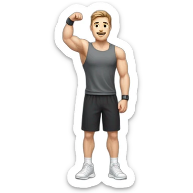 Full height Actively gesturing with hands Pale skinned Fit Man With the biceps and brown hair in dark gray Sleeveless Mike, black oversize sports shorts, watch and white Sneakers sticker