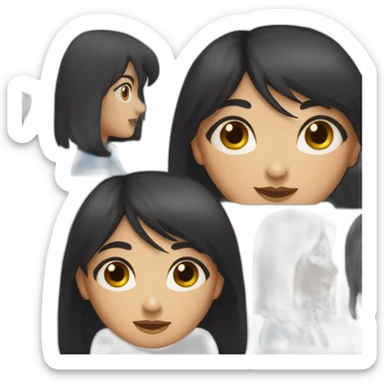 girl with long black hair, thick bangs, blue eyes, red vest and shirt sticker