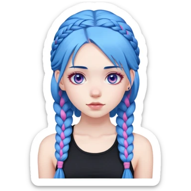 Girl with pale skin, blue hair, in long plaits, with pink eyes and a black crop top  sticker