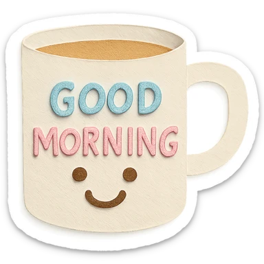 coffee cup with 'Good Morning' pastel handwritten text and smiling face, transparent background sticker