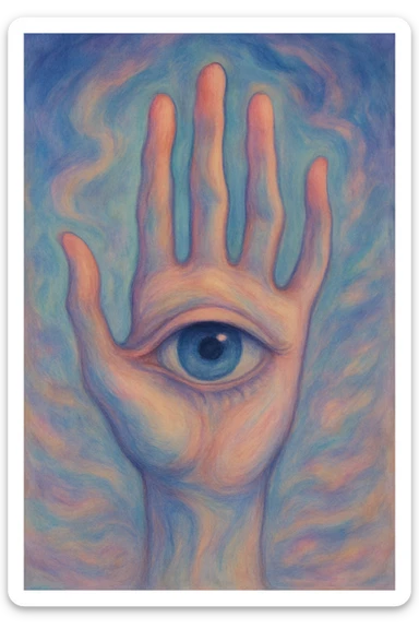 a surreal style hand with a single large eye in the center, dreamlike and imaginative sticker