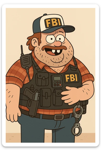 A chubby federal agent with buck teeth, tactical vest full of gadgets, redneck appearance with trucker hat, plaid shirt, and scruffy beard, fun and exaggerated style sticker