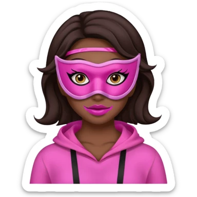 chica de pelo marron oscuro con mascarilla rosa y ropa rosa y makeup sticker