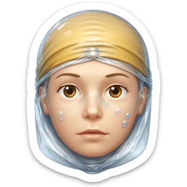 Human head completely wrapped in plastic wrap, air bubbles under surface. sticker