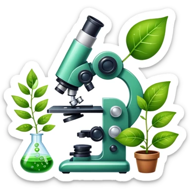 An icon featuring a microscope, a DNA strand, and a plant, symbolizing biology. The design includes animal cells, a leaf, and scientific formulas, representing the study of living organisms and ecosystems. Transparent background highlights biological research and discovery. sticker