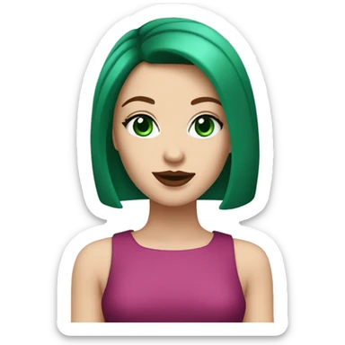 A fair skinned white girl with a dark red bob haircut wearing pink lipstick and has emerald green eyes sticker