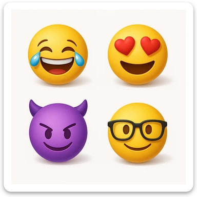 make four emojis on white background with good amount of shadow, four emojis of smiley's only. one laughing, second heart eyes, third purple devil and four black glasses emojis  sticker