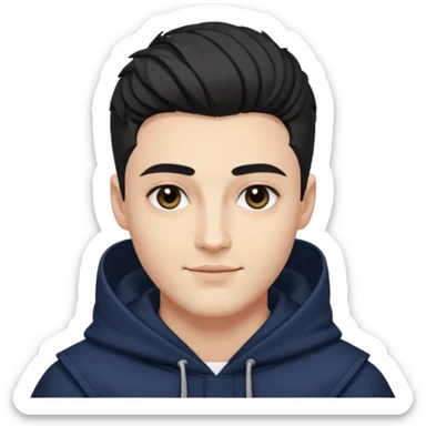 A handsome man with fair complexion. masculine, roman, slightly crooked nose. Thick triangular eyebrows. Hooded eyes and black pupils.  smily lips with a heavy top lid. kpop haircut sticker