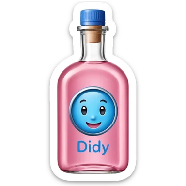 Smiling bottle of oil blue top pink outside with logo that says Diddy oil sticker