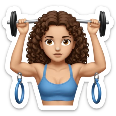 full body, very beautiful italian girl, dark brown eyes, looking like Emma Watson, with curly and big volume very bright brown hair, and a golden piercing ring in nose on left side, doing pull up, muscled

 sticker