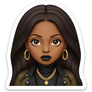 Foxy Brown, Rapper with dark brown long hair, black lip, black outfit sticker