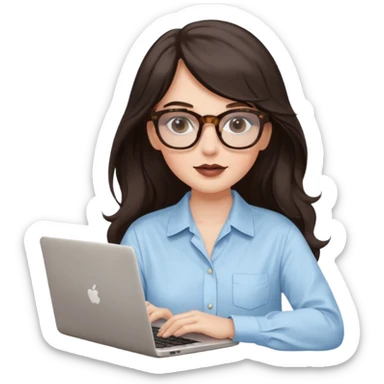 A white woman with long wavy dark brown hair and a whispy bang, wearing thick tortoise SQUARE glasses. She has long lashes and a nude browny glossy lipstick. She's wearing an oversize light blue shirt with white strips. She's working on a laptop sticker