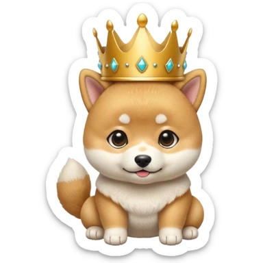 3 month old Shiba Inu puppy emoji, wearing small golden crown, cute royal expression, round body, soft fluffy fur, glossy eyes, bright pastel background, kawaii mascot style, centered composition, high quality render sticker