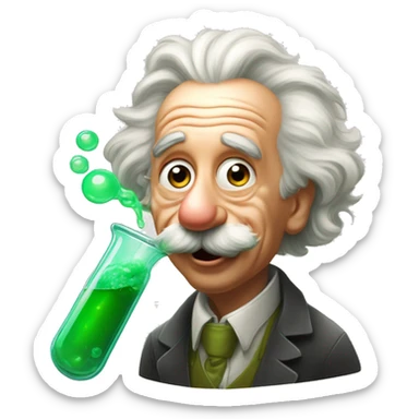 Albert Einstein tongue out.He next a with conical flask next to him with bubble green liquid inside that is smoking.The art style is in Pixar style sticker