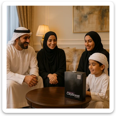 Place this exact CityScent air freshener machine on a table in a luxurious living room. Show a family in Arabic dress gathered around, smiling and enjoying the scent. The scene is realistic, elegant, and inviting. sticker