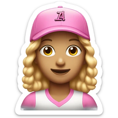 smiling girl in baseball pink cap with "LA" on c sticker