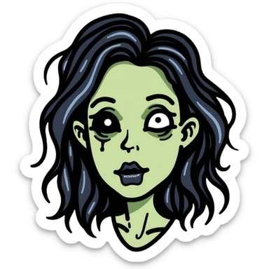 zombie girl with shoulder-length hair in transition, pale green skin, dark circles around eyes, messy hair sticker