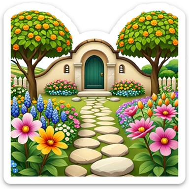 Still life, picturesque highly detailed garden adorned with diverse, vibrant flowers in full bloom, a pathway with beautiful stones, masterpiece,  dpi 300, 8k. sticker