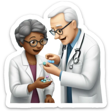 A Caucasian doctor with glasses serving 25 pills to an old woman ￼ sticker