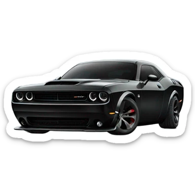 Front view of a black dodge challenger widebody with a shaker hood sticker