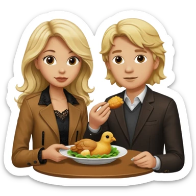 Love tan woman long wavy blonde hair and black lace  with short blonde man Brown shade jacket eating chick filet  sticker