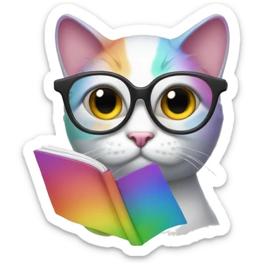 rainbow cat with reading glasses sticker