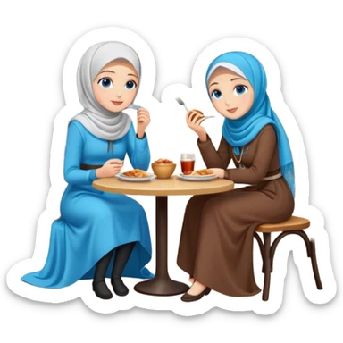 Turkish beautiful finish Konya girls blue eyes with lovely hijab long tail dress and the two friends sits on the chair on the ground and eating the food in the restaurant  sticker