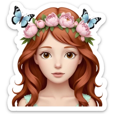 Woman with long flowing auburn hair wearing a pastel flower crown with pale pastel pink peonies and cream colored roses and butterflies in it sticker