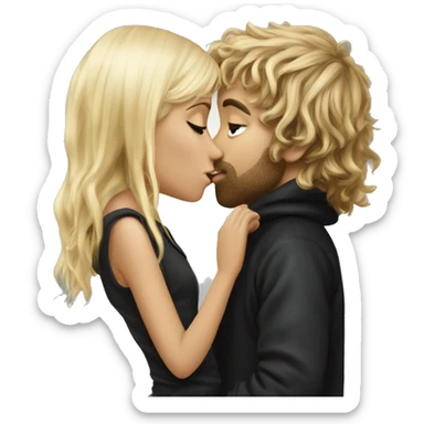 Pippin-hobbit wearing hoodie passionately kissing pretty blonde woman with black top sticker
