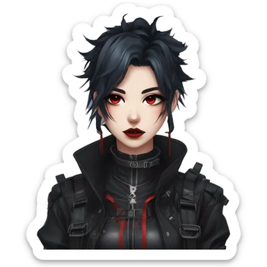 Gorgeous gothic dark techwear anime style lady with blushing face aesthetic and pretty edgy black red punk messy hair with collar and harness trending style sticker