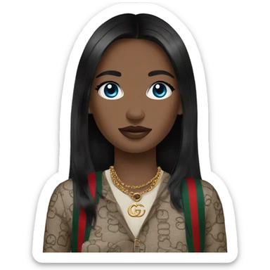 Girl with black hair and blue eyes wearing a gucci bag sticker