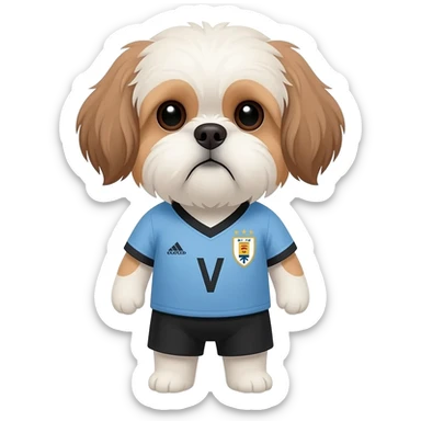 white and light brown shih zhu wearing a Uruguay soccer jersey v neck 2026 work cup sticker