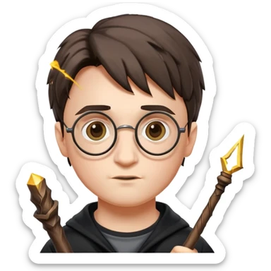 Harry Potter with round glasses, lightning scar, and wand sticker