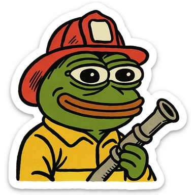 Pepe the Frog as a firefighter with helmet and hose, meme style sticker