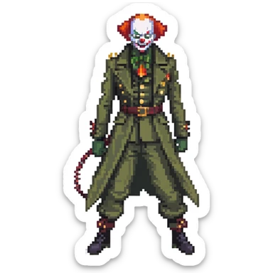 evil clown soldier, bald, small black horns on forehead, fangs, pointed ears, eye patch over one eye, long coat over black and military green clothes with bellbottom pants, tail, holding a whip, no knife, realistically proportioned, less bulky, full body, fighting stance sticker