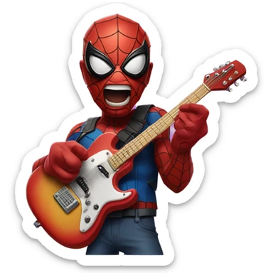 A Spider-Man with a electric guitar in his hands and his mask half off just showing his mouth with two piercings on the left and right edge of his underlip  sticker