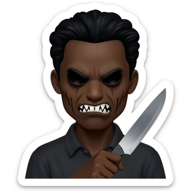 generate a black scary emoticon with black hair and a knife in 112 x 112 format with a transparent background sticker