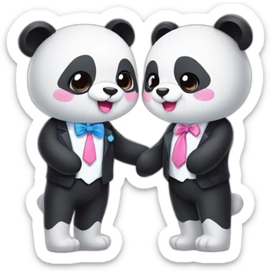 A cute couple panda that panda female has a pink ribbon and panda males has a blue tie sticker