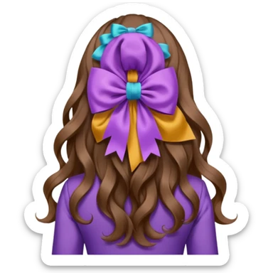 long wavy brown hair from behind with a medium lilac bow sticker