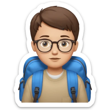 a boy with short brown hair and blue eyes, glasses, backpack sticker