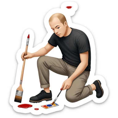 Jackson pollock the abstract artist leaning over to flick black white and red paint from a brush onto a canvas at his feet on the ground sticker