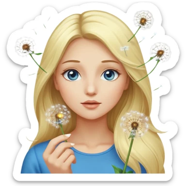 portrait woman long blonde hair blue eyes white skin blowing glowing dandelion seeds sticker