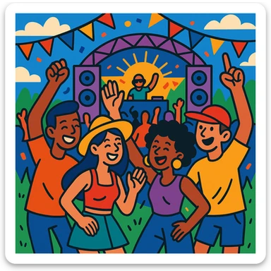 a group of friends dancing at a music festival with stage in background, festive atmosphere, playful style sticker