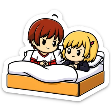 Light Yagami and Misa Amane in a bed, cartoon sticker style, close pose sticker